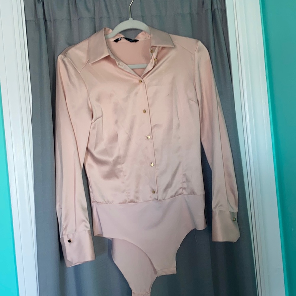 pink silk button down bodysuit zara